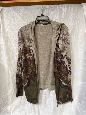 Energie Taupe Hooded Zip Cardigan with Brown & Burgundy Print size medium